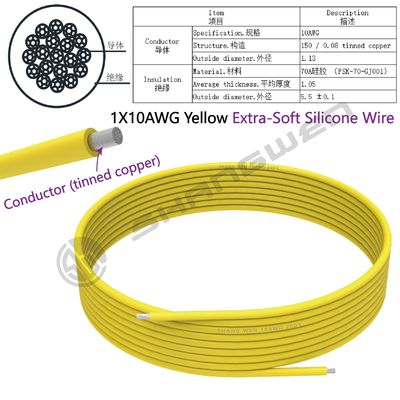 Silicone Wire Power Cord 10 AWG Tinned Copper Standard High-Temperature Hookup 10 Gauge Yellow Flexible Wire 1 Conductor